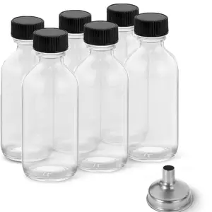 6PCS 2oz Glass Shot Bottles with Lids & Funnels Airtight Clear Boston Round Glass Jars for Juices Essential Oils & More