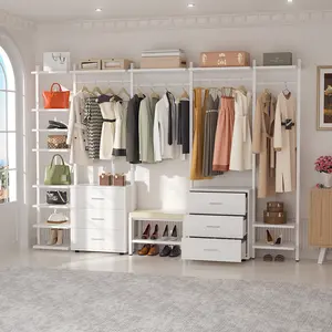 8FT Closet Organizer Systems with 6 Wood Drawers，96'' Wooden Clothing Rack Wardrobe Closet Garment Rack with Storage,Clothes Hangable Cabinet Furniture