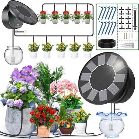 Solar Drip Irrigation System Kit - Garden Supplies Solar-Powered Pump Watering Equipment with Timer, Panels, Adjustable Flow, Watering Attachment, Hose Attachment, 10 Drip Heads, 1 Anti-Siphon Device, 10 Tee Connectors for Outdoor Beds, Vegetable Gardens