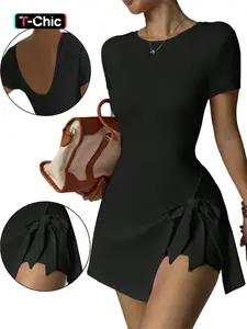 Women's Short Sleeve Sporty Jumpsuit, Two-Piece Yoga Tennis Dress, Waist Knot Fashion, Above the Knee, All Seasons, Plain Pattern, Sports Dress, Solid Sports Dress