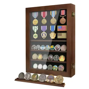6-Row Lockable Challenge Coin Display Case Wooden Wall Mount with Removable Dividers & HD Tempered Glass for Collectors