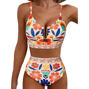 Women High Waist V Neck Bikini Set Removable Pads Adjustable Straps Tummy Control Summer Beach Swimwear