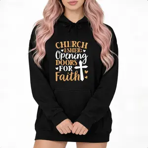 Black Hoodie with Faith Message "CHURCH," "USHER," and "DOORS," Decorated with Hearts – Perfect for Casual Wear