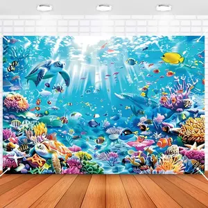 Oceanic Life Photography Backdrop Banner, Polyester Fiber Undersea Scene, Includes Sea Turtle & Coral, Universal Festival Decoration