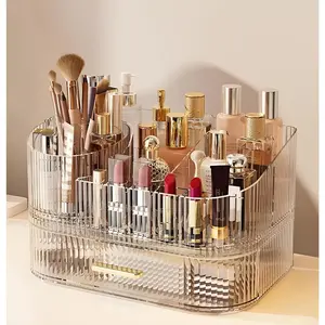 Large-Capacity Transparent 2-Layer Makeup Storage Box with Drawers and 360-Degree Rotating Brush Holder, Home Organiser Cabinet for Storing Cosmetics, Skincare Products and Jewelry