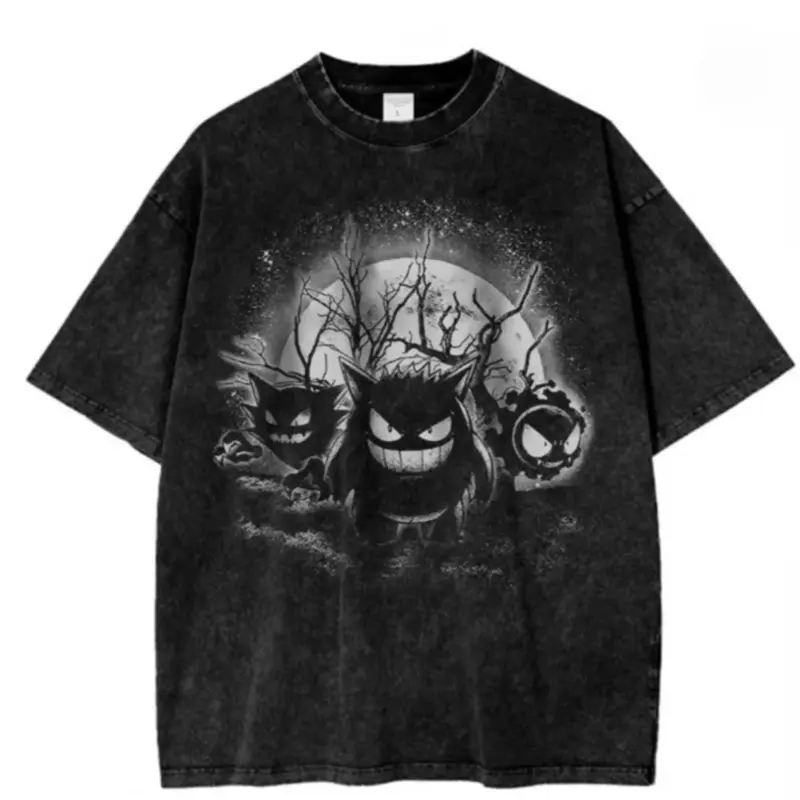 Ghost Type Spooky Gengar Anime Japanese Mineral Wash T-Shirt, Oversized, Graphic Tee, Gifts for Him, Father's Day, Birthday, Christmas Gifts Crewneck Menswear