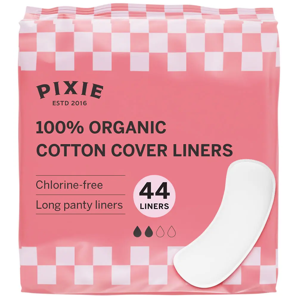 Pixie Organic Cotton Panty Liners for Women - Long Wrapped Pantiliners - Light Absorbency & Ultra-Thin - Leak-Proof, Hypoallergenic & Unscented for Feminine Care - Compostable - 44 Count