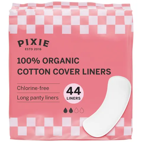 Pixie Organic Cotton Panty Liners for Women - Long Wrapped Pantiliners - Light Absorbency & Ultra-Thin - Leak-Proof, Hypoallergenic & Unscented for Feminine Care - Compostable - 44 Count
