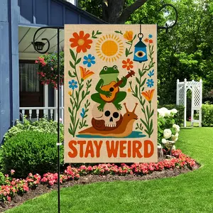 Stay Weird Frog Snail Garden Flag 12x18 Inch, Double Sided Retro Boho Yard Flag, Funny Hippie Floral Decorative Flag for Outdoor Lawn Patio Retro "Stay Weird" Frog Playing Guitar Garden Flag, Whimsical Hippie Snail Skull Yard Flag12*18inch