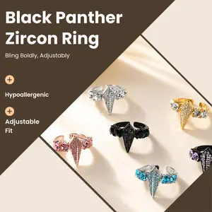 Luxury Black Panther  Unisex Cubic Zirconia Bling  Hip Hop Jewelry Birthday GiftBlack Panther Spike Open  Multi Color Crystal set rings engagement