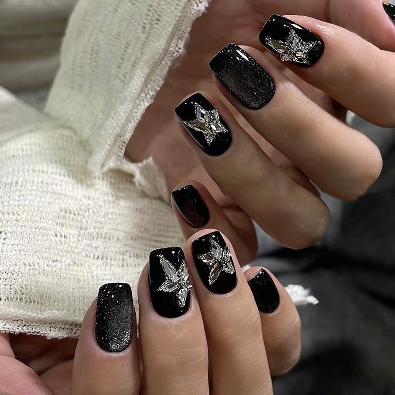 Black Press on Nails Short Square Fake Nails with Cat Eye Designs Glitter Full Cover Nails Press ons Change Color Acrylic Nails Reusable Stick on Nails for Women 10 Pcs 01