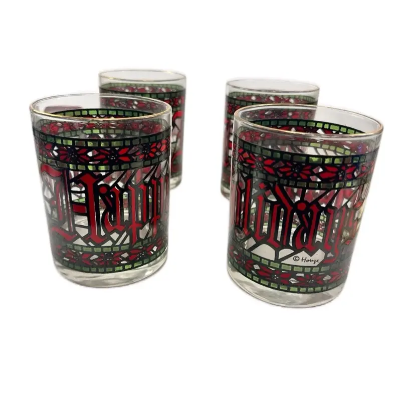 Cera Houze 4 Vintage Christmas Tumblers Stained Glass Design Lowball Glasses for Festive Beverages Drinkware  Set