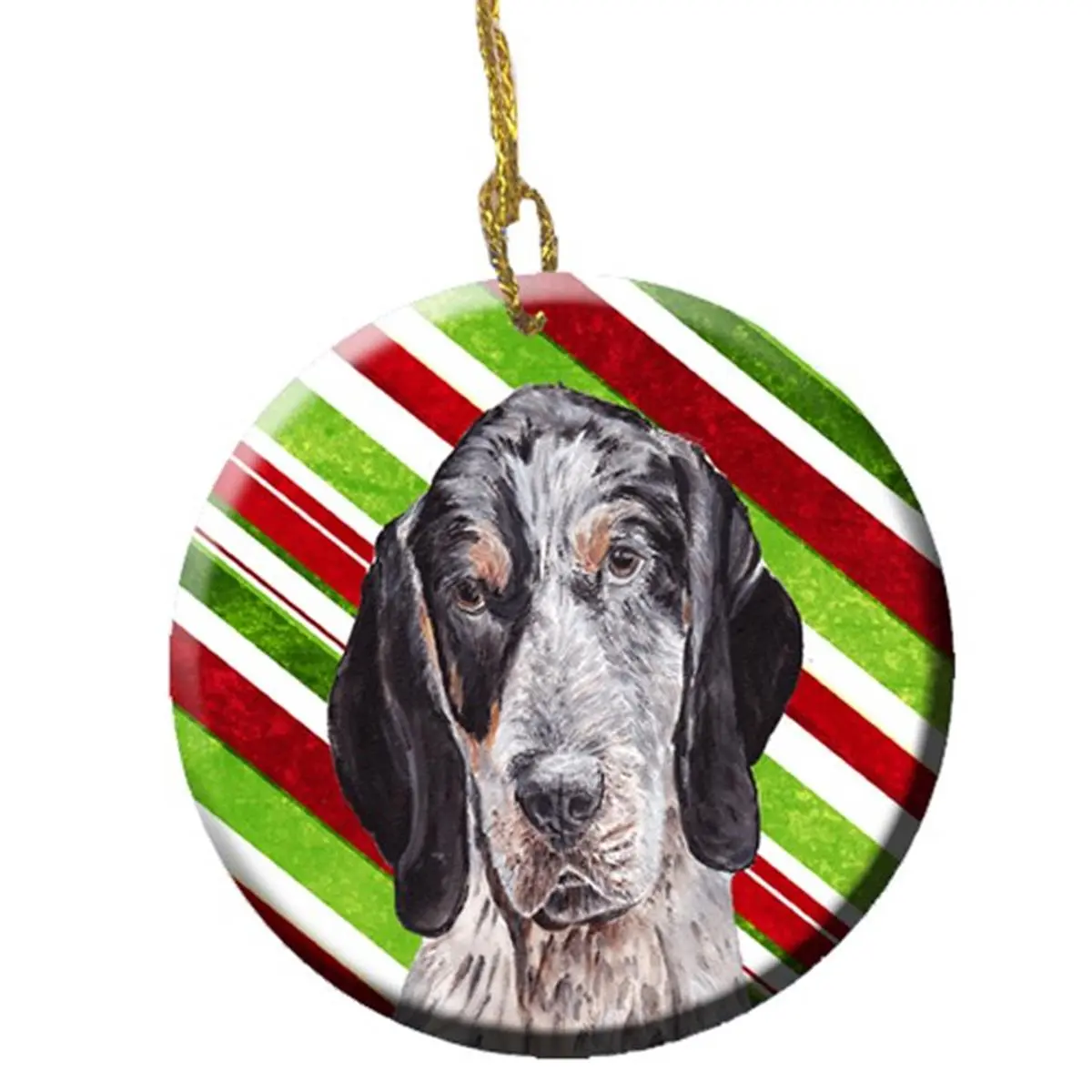 Blue Tick Coonhound Ceramic Christmas Ornament, Small Candy Cane Themed Decor with Hanging Loop, Ceramic Tree Christmas Decor
