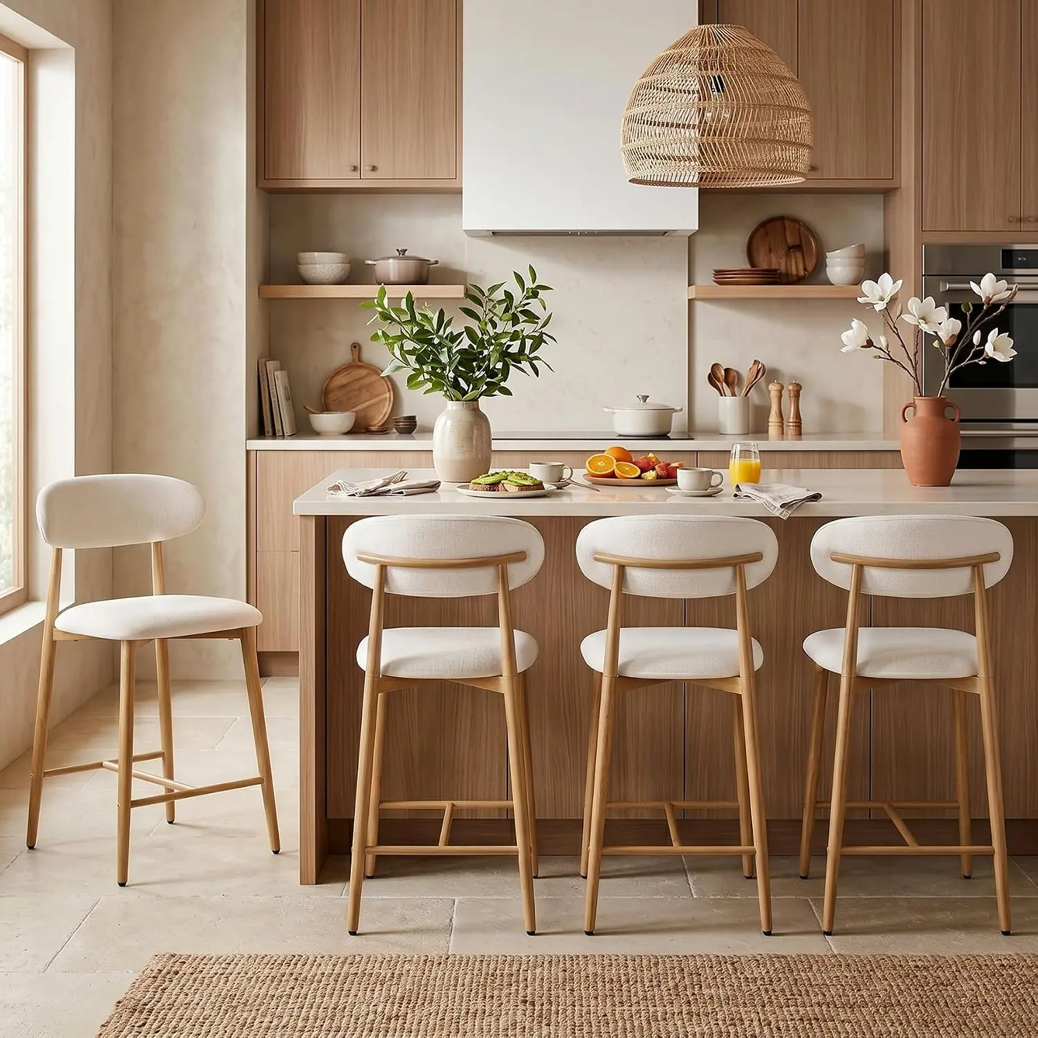 Metal Bar Stools Set of 4,Counter Height Bar Stools with Backs, Mid Century Modern Upholstered Barstools for Kitchen Island, Dining Room,
