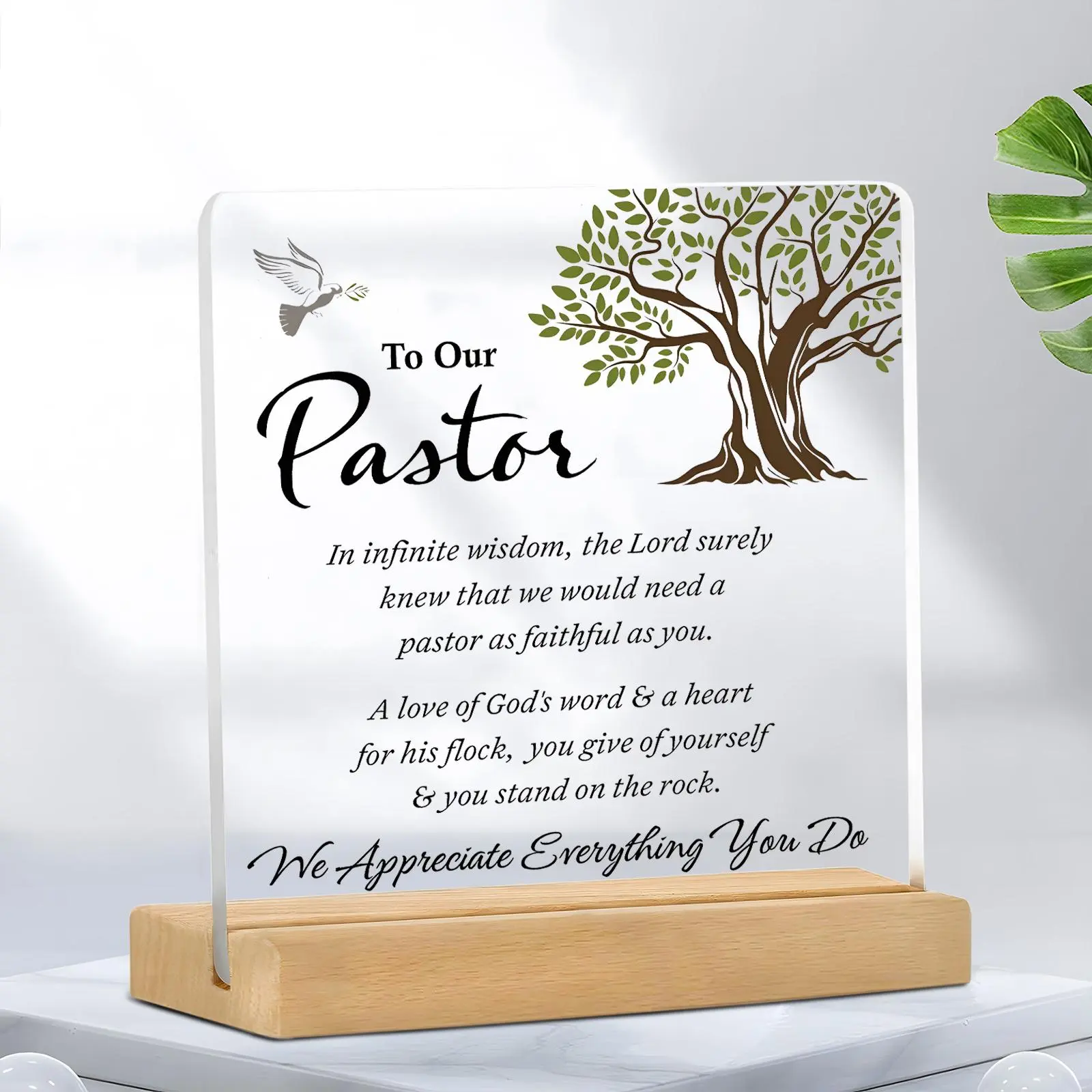 Pastor Appreciation Gift, Acrylic Desktop Ornament with Wood Base, Church Pastor Souvenir Gift, Home Decor for Living Room Bedroom, Acrylic Plaque