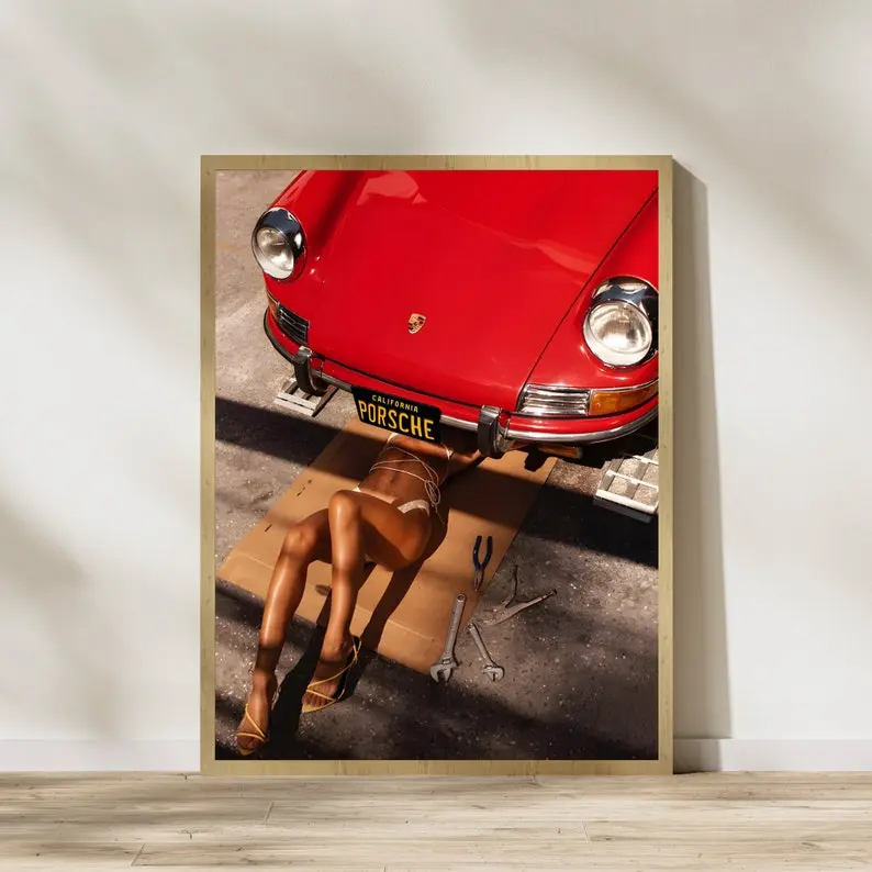 24x24 Unframed Luster Finish Black-and-White Vintage Retro Car Paper Print - Automotive Graphic Wall Art, Print Design Home Decor for Kid Room, Classroom Accents