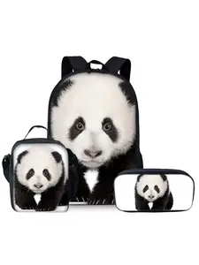 Panda pattern printed 17-inch backpack three-piece set (single-layer backpack + shoulder strap lunch bag + single-layer pencil bag)