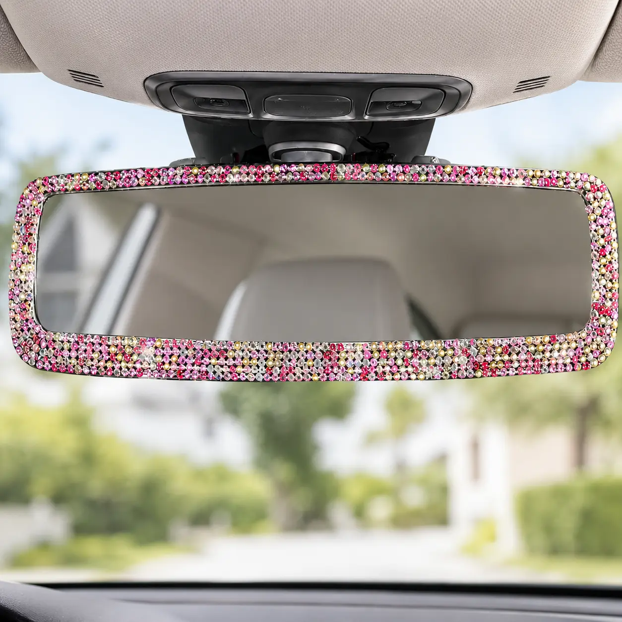 Bling Rhinestone Rear View Mirror Cover, Sparkly Crystal Car Rearview Mirror Clip-On Accessory, 10.62 x 2.75 Inch Decorative Interior Mirror Cover for Cars, SUVs, Trucks, Cute Car Interior Decor for Women