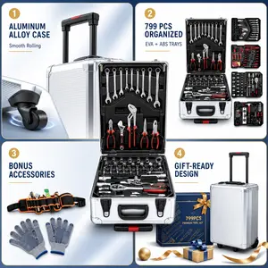 346/799PCS Rolling Tool Kit, Aluminum Trolley Case Tool Set Silver, House Repair Kit Set, Household Hand Tool Set, with Tool Belt,Gift on Father's Day (Silver)