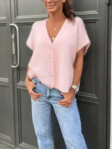 New Spring Summer V Neck Button Short Sleeve Loose Knit Cardigan, Women's Casual Vacation Top, Cream Sweater, Perfect for Daily Wear
