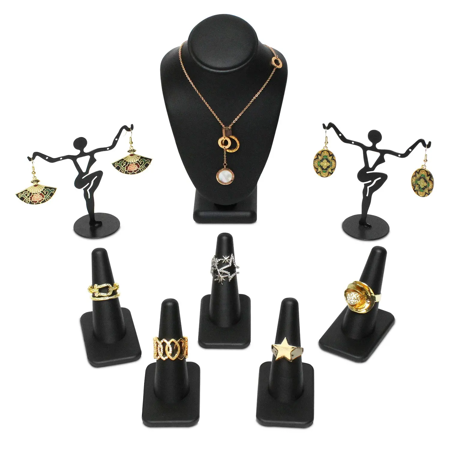 #JWY2312A-LBK 8 Pcs Jewelry Display Set, Necklace Display Bust, Earring Organizer, Ring Holder Stand for Showcase and Store, Premium Black Faux Leather