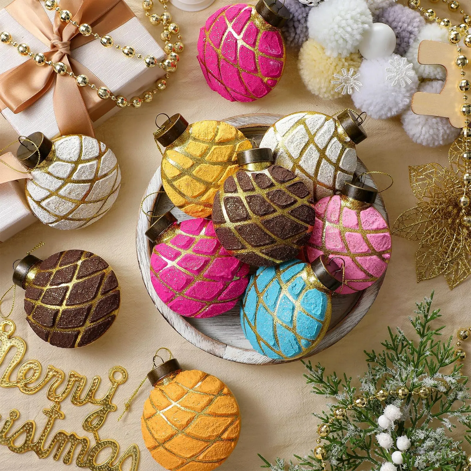 12 Pcs Mexican Christmas Ornaments, Pink Concha Sweet Bread Hanging Decor with Shatterproof Durable Design, Unique Food-Themed Tree Decorations for Christmas Holiday Party, Home Accent, Gift Exchange and Mexican Inspired Celebrations