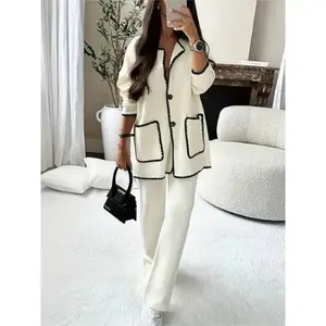Women'S Elegant Two-Piece Set  Contrast Trim Long Sleeve Cardigan with Dual Pockets and Matching Pants, Versatile for Any Occasion Clothes Suits Baggy Casual Womenswear Comfort Gamis Loose Oversize White Winter