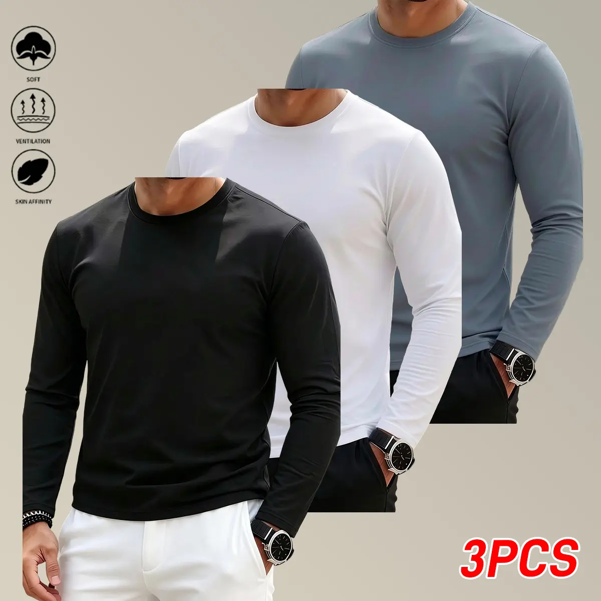 Men's 3-Pack Quick-Drying Long-Sleeved Casual Athletic T-Shirts, Moisture Wicking Shirts with Breathable Knit, Slight Stretch & Fitted Cut, Ideal for Sports & Daily Wear, Solid Plain