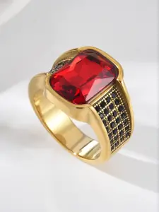 Hip Hop Men's Ring, 18K Gold Plated 316L Stainless Steel, Large Ruby Center Stone, Black Gemstone Mesh Detail, Essential for Street Style