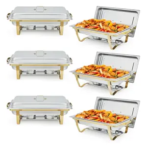 Gaomon 8QT Sturdy Stackable Rectangular Stainless Steel Chafer Food Warmer Set (6-Piece) with Lid, Foldable Frame, Tray, Pans, Dish for Catering Supplies, Gold Desserts Serving