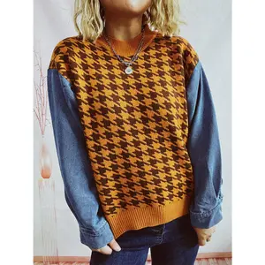 Houndstooth Denim Sleeve Sweater