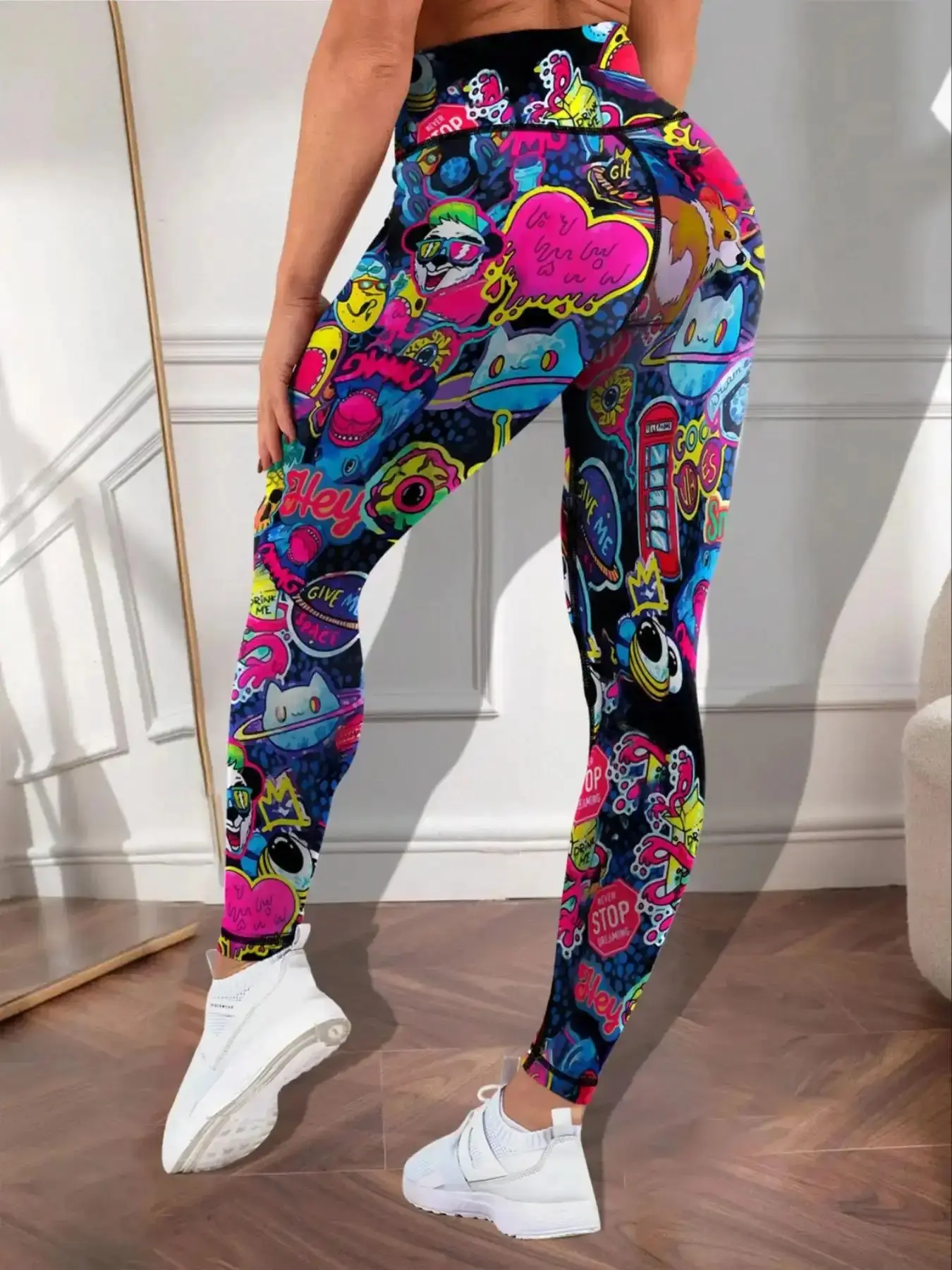 Women's Graceful Colorful Cartoon Print Yoga Leggings Active Lifestyle, Tight-Fit Casual Sportswear for All Seasons, Gym Workout & Outdoor Activities, High Waisted Nature Ready, Long Lasting, Printed Style