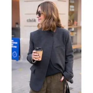 Asymmetric Blazer Woman Cropped Jacket New Arrivals Demi-Season Women's Blazer Long Sleeve High Neck Business Casual Fitted Woman Outerwears Drak Gray Elegant Womens Jackets