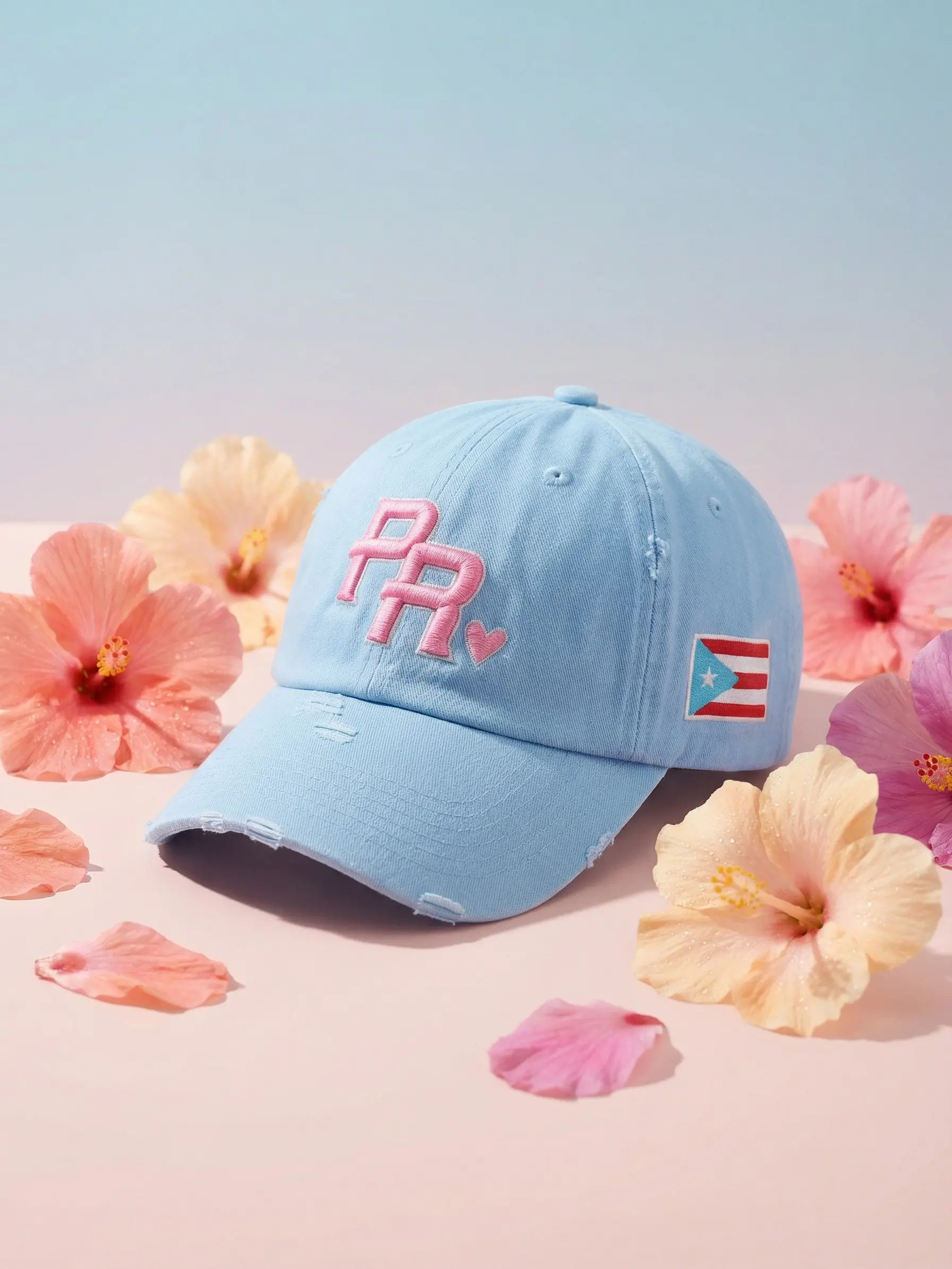 Summer Dad Hat Sky Blue 3D Embroidery Puerto Rico Heart Adjustable Buckle Distressed Details Comfortable Soft Spring Collection Trucker Cap