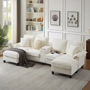 [Mother's Day Gift] Aobtkel 120" Modular Corduroy Sectional Sofa Bed with Storage - Modern U-Shaped 4-Seater Furniture, Cup Holders, Ideal for Living Room, Apartment