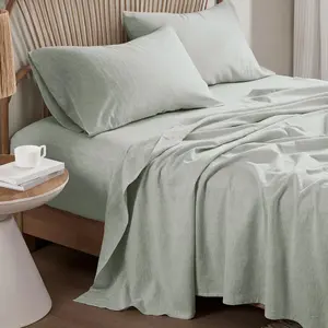 Organic Linen Sheet Set - 4 Pcs Linen Bed Sheet Queen Size, Nature French Flax for All - Soft & Breathable, 15" Deep (Queen, Sage Green)