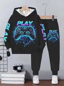 Boys' 2-Piece Game Controller 3D Print Hoodie & Sports Pants Set, Casual Long Sleeve for All Seasons, Perfect Holiday Gift, Sweatpants