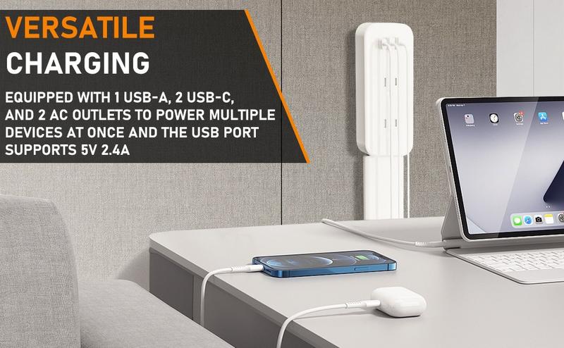LENTORGI Outlet Extender with USB-C, USB-A & 2 AC Outlets, 180° Rotating Power Socket Expander, Extendable 18"-28" Wall Plug Adapter for Hard-to-Reach Outlets Behind Couches, Beds, Nightstands & Desks