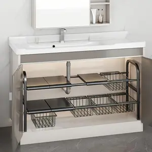 1pc Expandable Under Sink Organizer with 5 Detachable Baskets, Heavy-Duty Metal Storage for Kitchen and Bathroom, Adjustable 2-Tier Cabinet Shelf 35.4 to 38.6 Inches