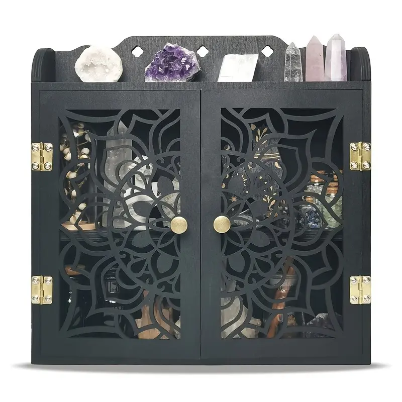 FNYDOX Crystal Display Shelf, Spacious Crystal Case for Stones, Carved Sun And Crescent Shelf, Trinket Shelf for Nail Polish, Crystal Holder for Essential Oils, Rock Cabinet, Gemstone Organizer, Utility Racks Hollow Wooden