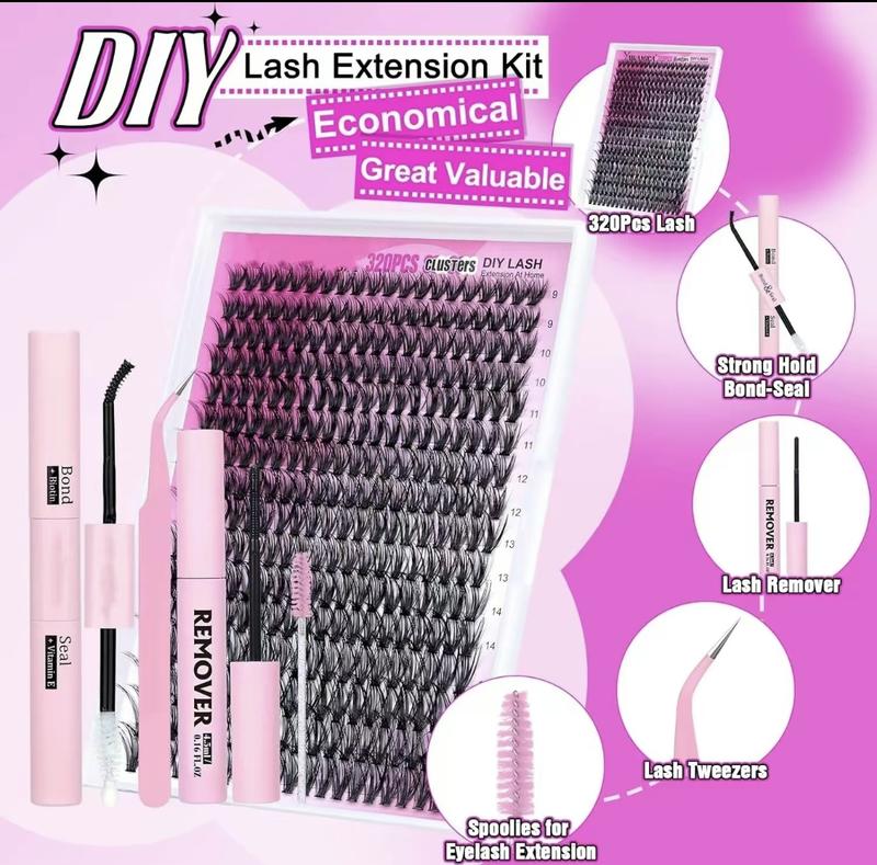 DlY Eyelash Extension Kit Summer Style 320 Pcs 40D Curl Clusters Individual False Eyelashes, Mixed 9-1ómm, with LashBond & Seal, Eyelash Tweezers, Eyelash Remover, Eye Makeup Enhancement Products, DlY Lash Extensions at Home, Mother's Day Gift Cosmetic