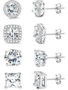 4 Pairs Cubic Zirconia Stud Earrings Set for Women Men 18K Gold Plated Sterling Silver Post Earrings Big Brilliant Simulated Diamond CZ Halo Stud Earrings for Sensitive Ears Hypoallergenic Ear Studs