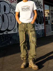 Men's Vintage Washed Denim Jeans, Streetwear Micro Flare Loose Straight Leg Fringe Tassel Pants, Casual Fitted Style, All Seasons Wear