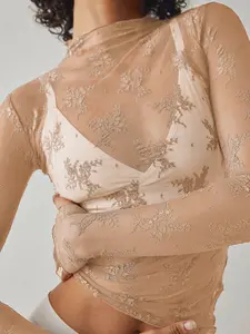 Women's Sexy Sheer Trendy Aesthetic Lace Mesh Top, Breathable Inner Layer, Slim-Fitting Long Sleeve, Ditsy Floral Pattern, All-Season Fashion