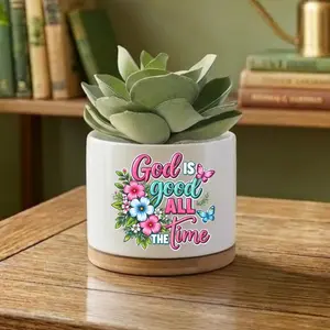 Inspirational Faith Gift，Christian Succulent Planter – “God Is Good All The Time” Ceramic Plant Pot,, Religious Desk Decor, Cute Home & Office Decoration