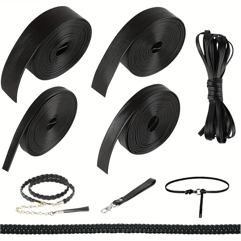 5 Rolls of Flat Leather Cord All 15 Metres Leather Strap Flat Black with Width 5/10/15/20/25 mm, Leather Bands Sold by the Metre, Leather Strap Wide for DIY Pet Collars, Belts, Jewellery