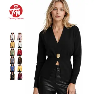 Tanming Women's Deep V-Neck Sleeveless Knit Vest or Long Sleeve Cadigan Top with Metallic Gold Button Elastic Waist Slim Fit Casual Demure Fashion  Knitwear for Work Date Night,summerwins,summeroutfits,vacationoutfits,beachoutfits