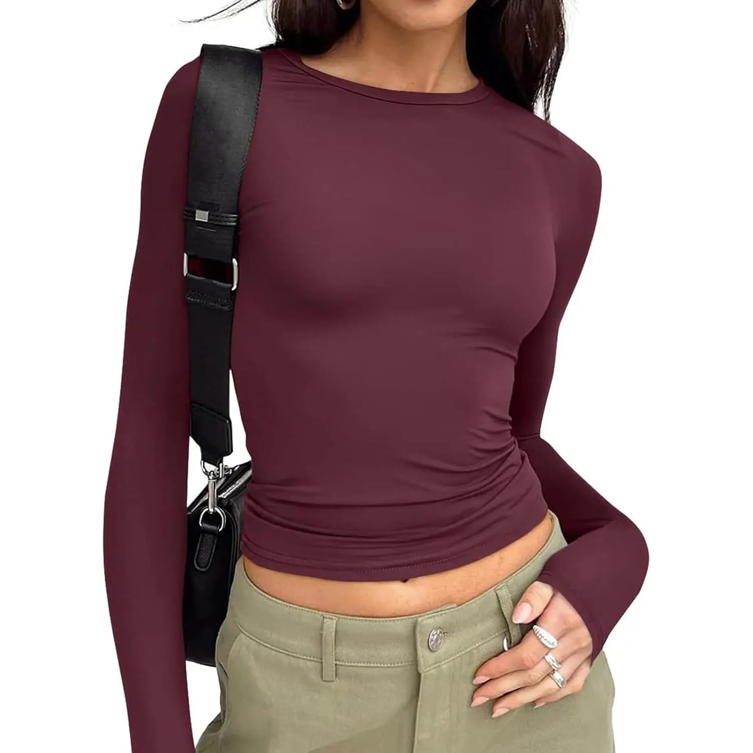 Women's Cropped Crew Neck Long Sleeve T-Shirt, 2025 Fall Fashion Y2k Casual Minimalist Black Top, Spandex-Polyester Fabric, Everyday & Going Out Womenswear Outfit
