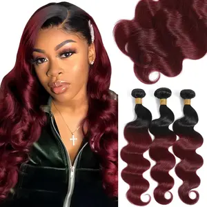 1B99J Bundles Ombre body wave human hair and Jerry Curly Human Hair Bundles 100% Unprocessed  Brazilian Virgin Human Hair Two Tone Black Wine Red Bundles Human Hair Extensions hair extensions for women