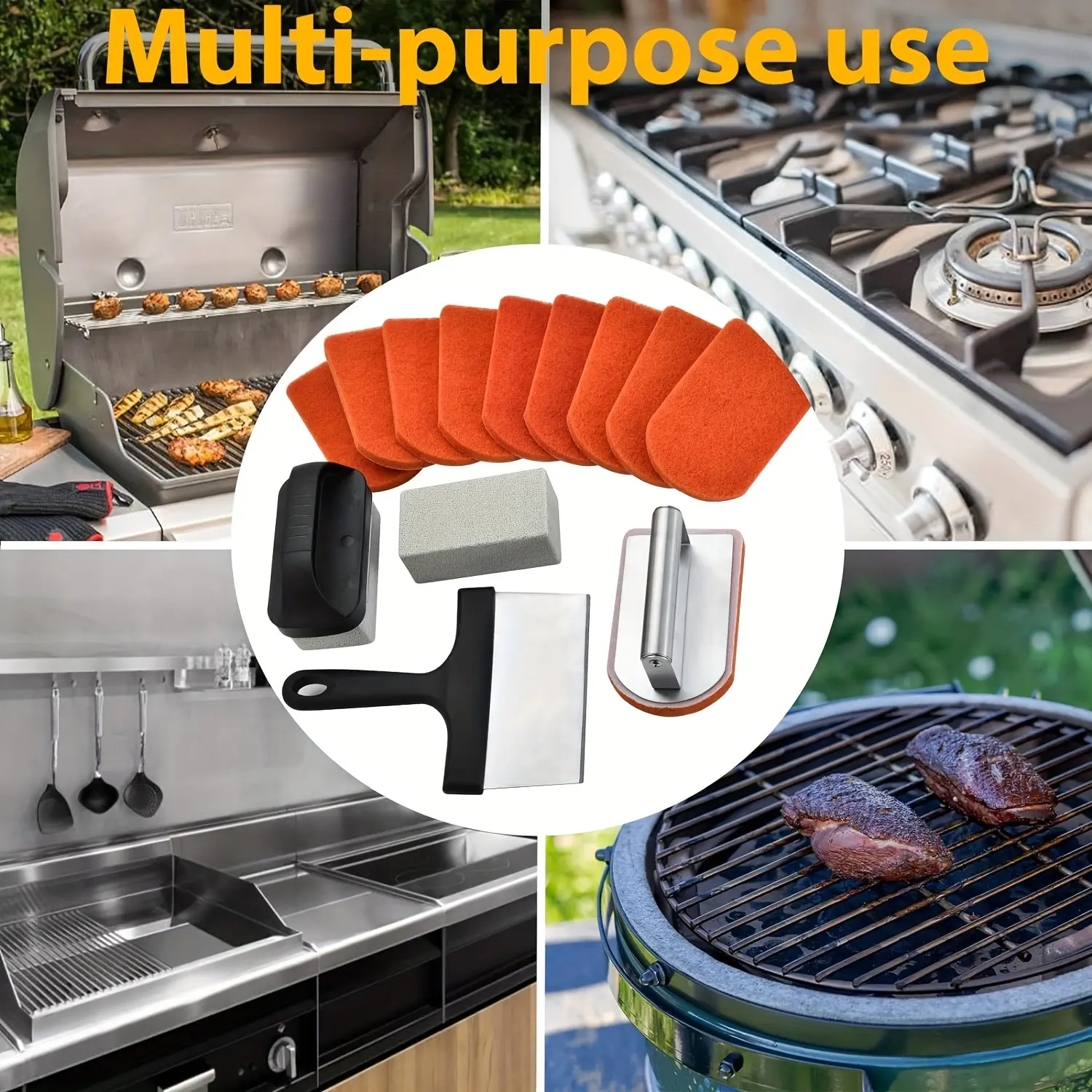 Blackstone 15-Piece Heavy-Duty BBQ Cleaning Kit, Stainless Steel Handles — Grill Accessories, BBQ Tool Cleaning, Flat-Top Maintenance Tools, Cooking Utensils, Stubborn Residue Scraper